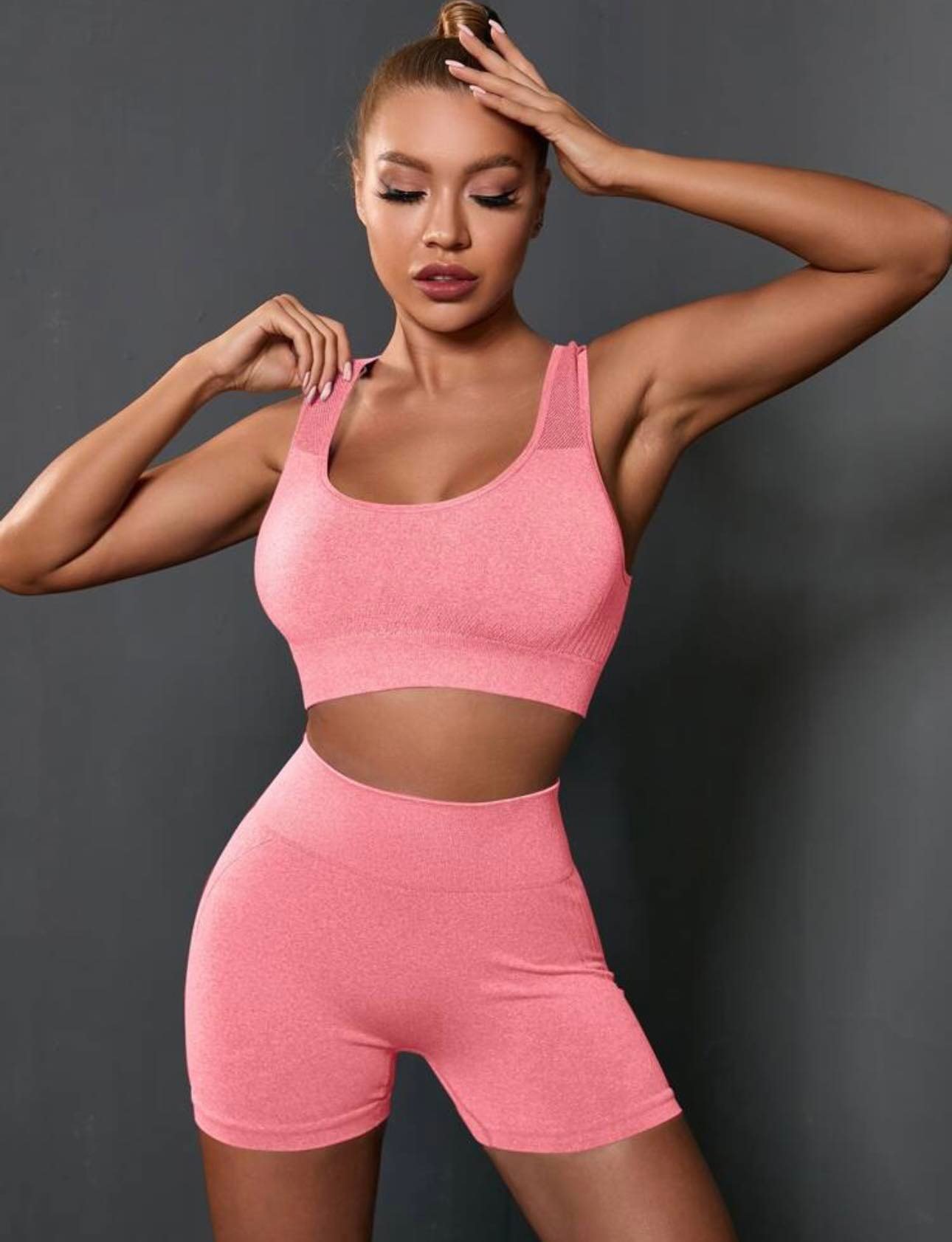 Conjunto Troco Short Frunce + Top Deportiva Sin Costura Seamless  Naranja