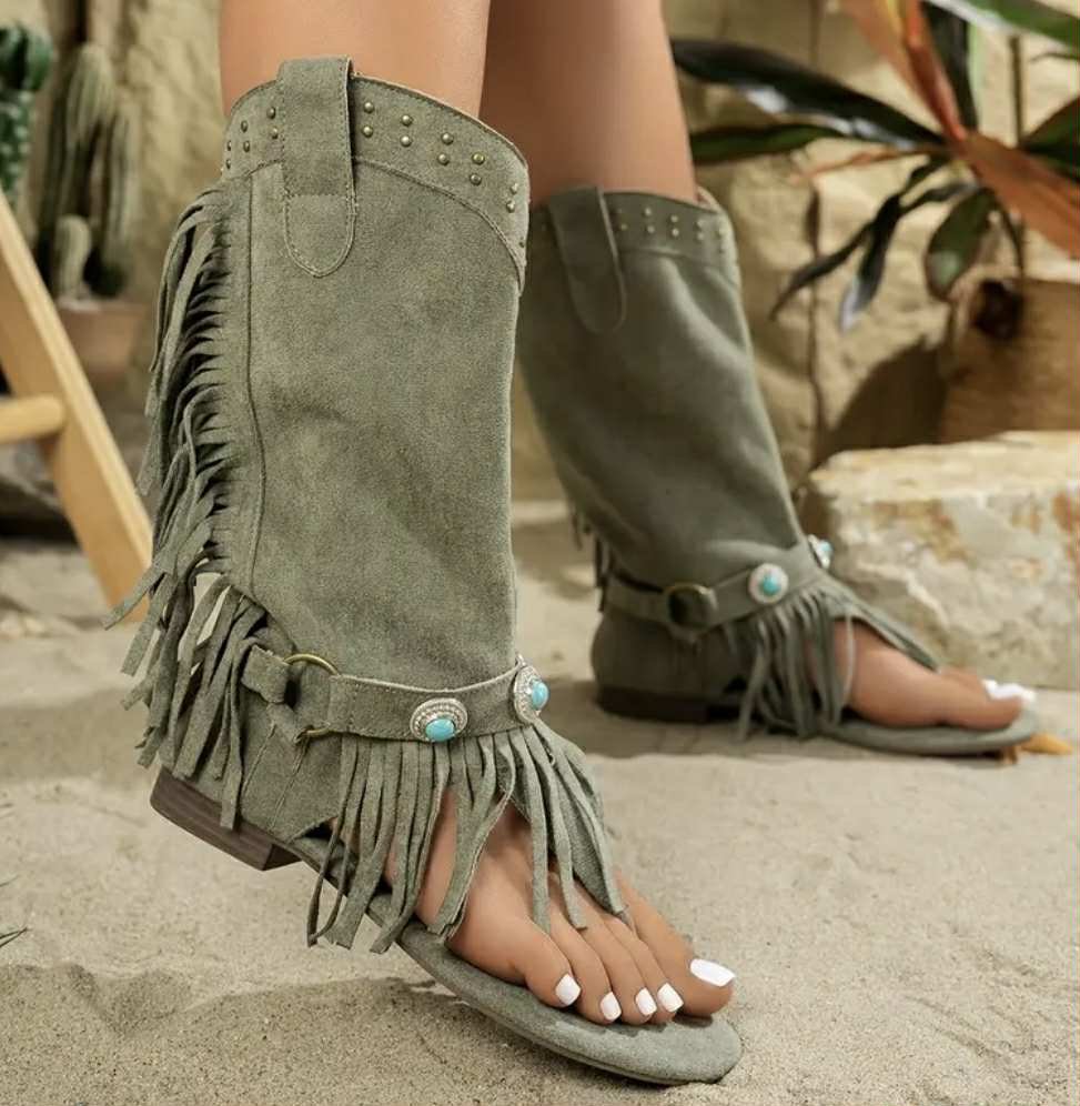Botas Sandalias Altas con Flecos Verde