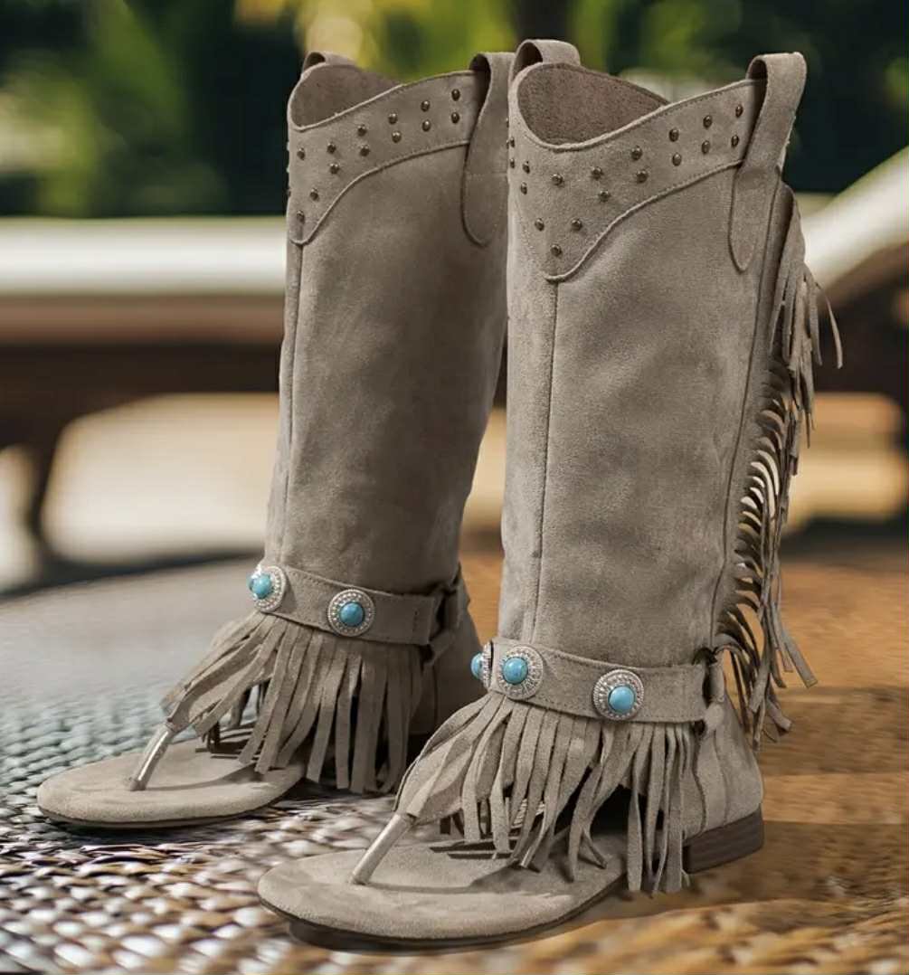 Botas Sandalias Altas con Flecos Beige