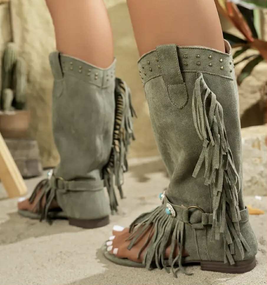 Botas Sandalias Altas con Flecos Verde