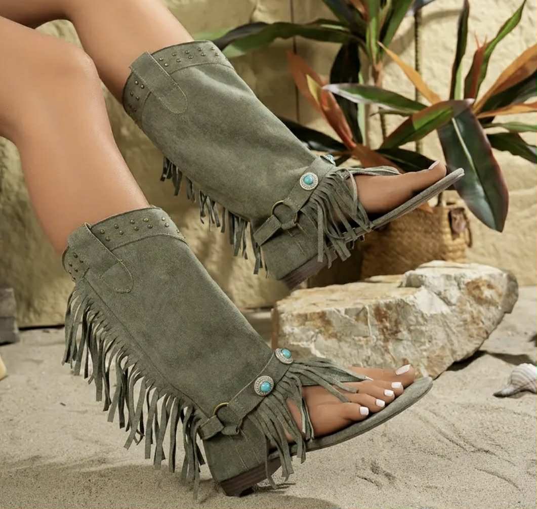 Botas Sandalias Altas con Flecos Verde